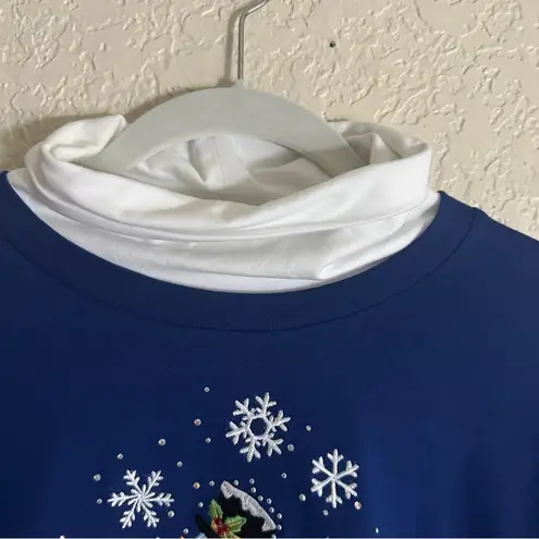 Quacker Factory Blue Holiday Snowman Winter Turtleneck Sweatshirt L