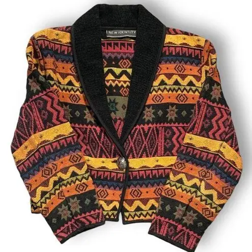 Vintage New Identity Jacket Southwestern Aztec Print Boxy Cropped Shawl Collar Black