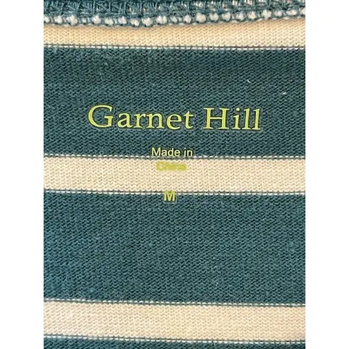 Garnet Hill Dark Green And White Striped Jeweled Neckline Long Sleeve Top Size M