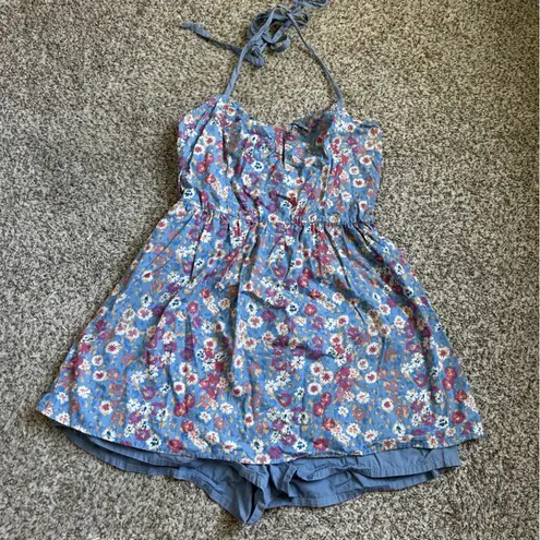 Urban Outfitters Pins and Needles Halter Skirted Romper Blue Floral Summer Large
