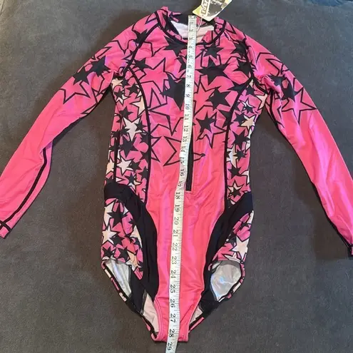 Women’s Pink with Stars Design Long Sleeve Swimsuit Rashguard Size S NWT