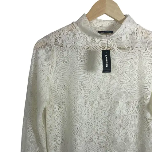 EXPRESS NWT  Lace Mock Neck Long Sleeve Sheer Top in Ivory Size M