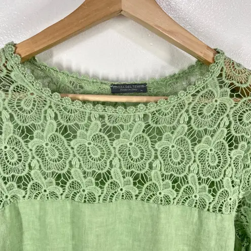 Piazza Del Tempo Lace Top Linen Blend Long Sleeve Crochet Detail Green Blouse XL