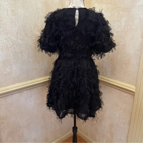 Endless Rose Gridded Mesh Feathered Puff Sleeve Mini Dress Black Sz XS