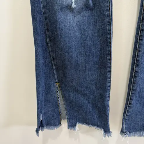 Risen High Rise Front Slit Frayed Hem Flare Jeans Size 1XL Bohemian Hippie Retro Blue