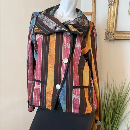 Multicolor Striped Women's Reversible Jacket Large Ruffle Collar Black