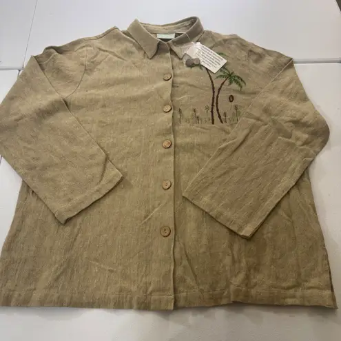 New 20 Hueys Linen Blend Embroidered Palm Tree Casual Button Up Shirt Top XLG Tan Size XL - Image 1