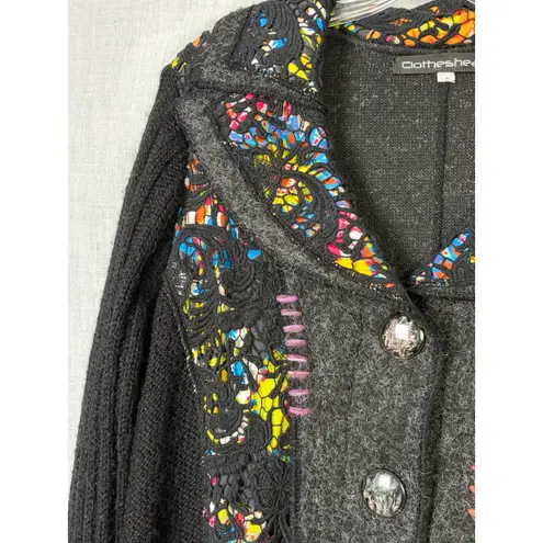 Clotheshead Black Gray Multicolor Knit Wearable Art Patchwork Cardigan Coat L Size XL