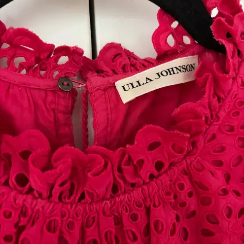 Ulla Johnson Norah Eyelet Fuschia Ruffle Sleeve Midi Dress Size 4 Small Scallop