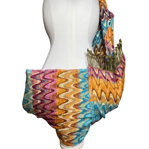 Tolani Boho Zig Zag Chevron Woven Wrap Scarf Multicolor Fringe One Size