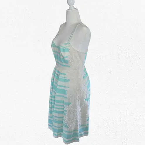 Moulinette Soeurs Blue White Striped Lace Inset Fit & Flare Midi Dress Size 6