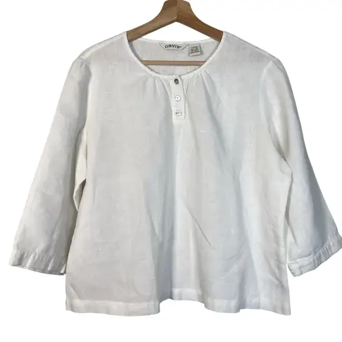 Orvis 100% Linen Shirt Womens L Button Front Boxy Lagenlook Beach Vacation Top