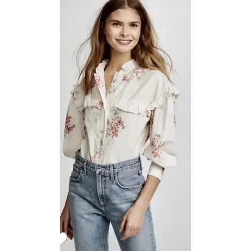 Rebecca Taylor Floral Ruffle Cotton Blouse Long Sleeve Button Down Shirt Size 4