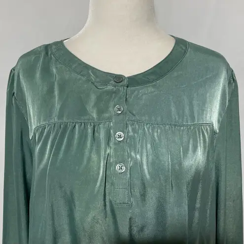 Denim & Co New Long Sleeve Shirred Yoke Henley Blouse Spruce Green Size Medium