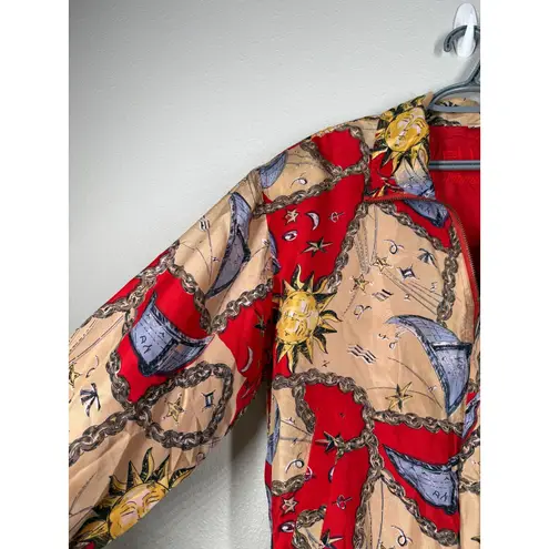 Vtg 90s Fuda International Silk Celestial Bomber Jacket Sz PM Sun Moon Chain Red