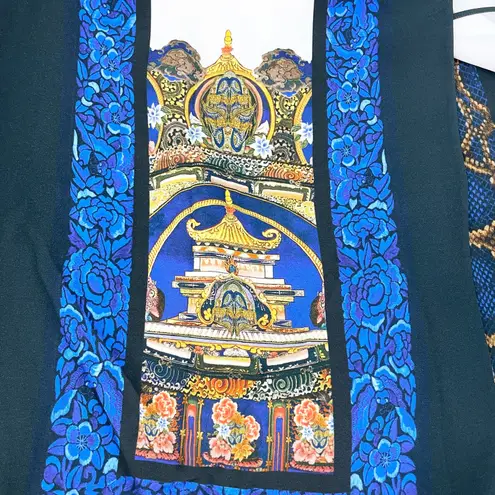 Just Cavalli Womens M Silk Skirt Oriental Asian Pagoda Box Pleat Flap Blue Gold