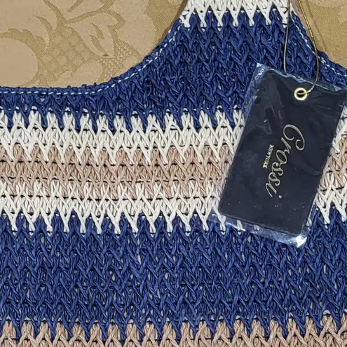 Tan and navy blue striped woven straw tote shoulder bag