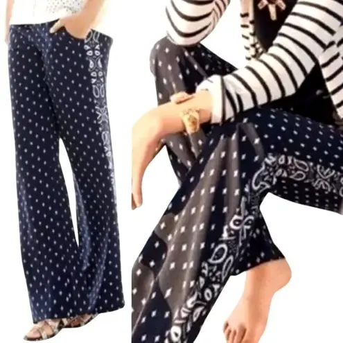 CAbi Pants Women 2 Navy Blue White Geometric Track Star Flowy Wide Leg Trousers