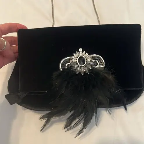 Elegant Black Feathered Rhinestone embellished velvet handbag EUC