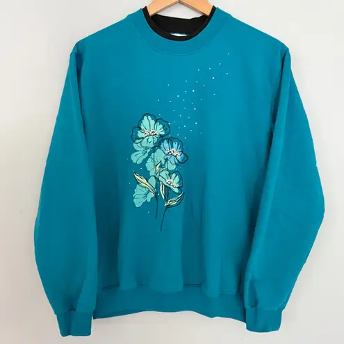 Grandmacore Granny Cottage Crewneck Sweatshirt Y2K Teal Blue Floral Medium