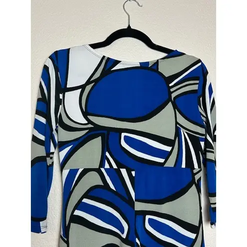 Bisou Bisou M Midi Dress Blue Gray White Stretch Abstract Print Modern Artsy