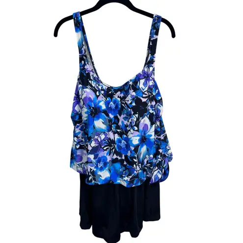 Le Cove Blue Floral Print Tank Beach Swimsuit Dress Plus Size 18