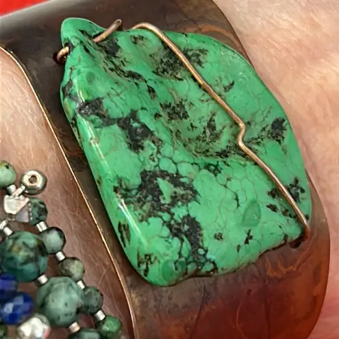 Hand Crafted Artisan Copper Cuff Bracelet with Turquoise Stone Centerpiece