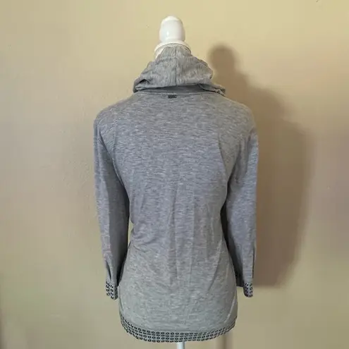 St. John Gray Cardigan Button Up Sz M Sequin Hooded Jacket Embellished Trim