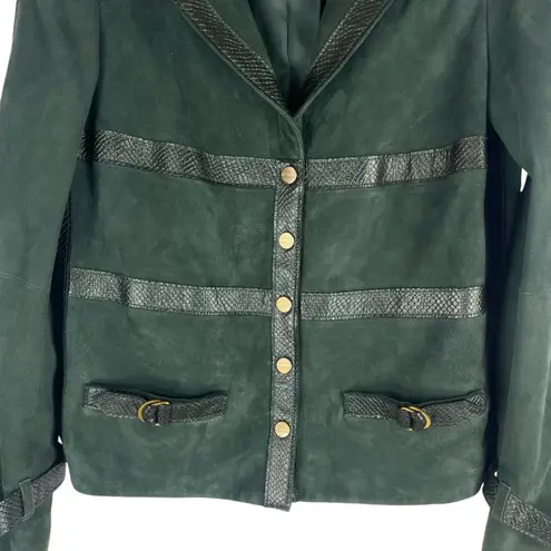 Worth NY Snake Leather Trim Suede Jacket Snap Button Dark Green Size 4