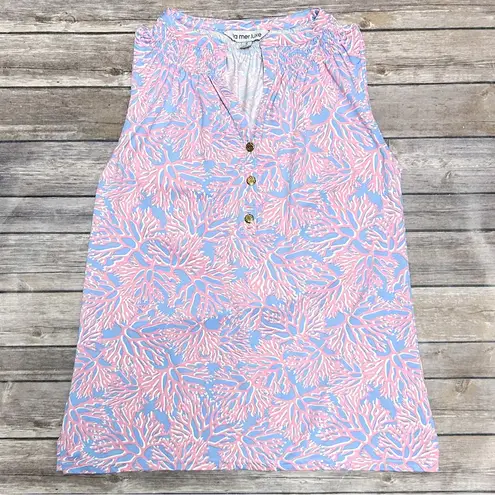 La Mer Luxe Pink White Periwinkle Coral Sleeveless V Neck Buttons Top Small