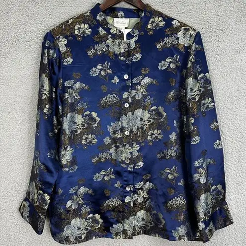 Yi Lin top womens medium blue floral brocade mandarin collar button Asian kimono