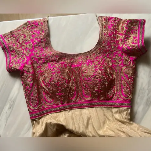 Meena Bazaar Embroidered Gown Anarkali Dress Gold & Hot Pink