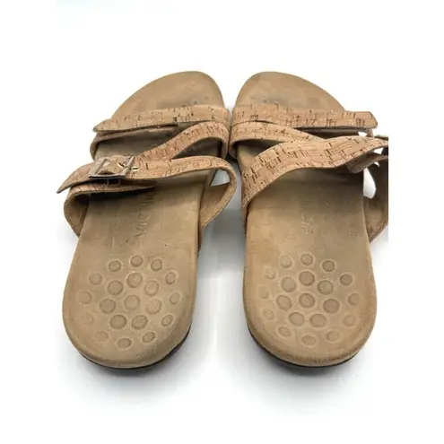 Vionic Skylar Slides Gold Sandal Faux Cork With Triple Strap Womens Sz 10 Wide