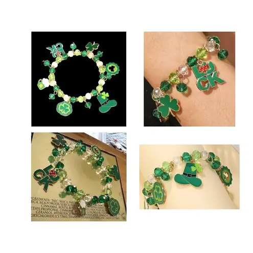 St Patricks Day Charm Bracelet Stretch Shamrocks Luck Leprechaun Hat Bee… Gold