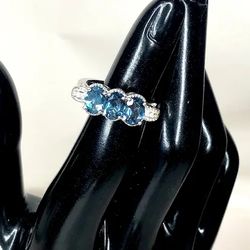 Blue Spinel Hoop Earrings & Ring Set Sz 8 Electroplated Rhodium Sterling Silver