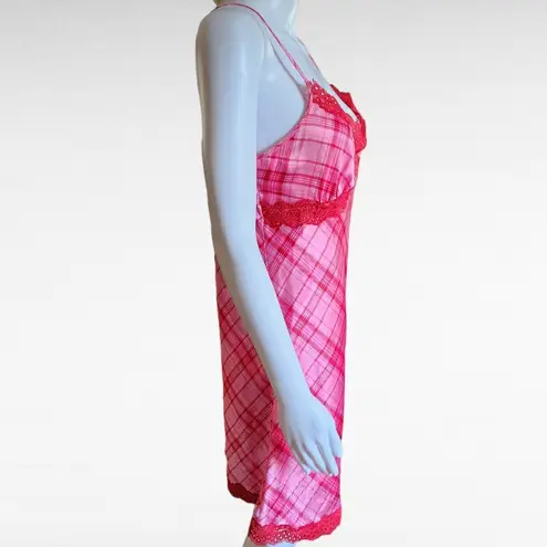 Jaclyn Smith Pink Red Plaid Lace Trim Satin Chemise Size Medium