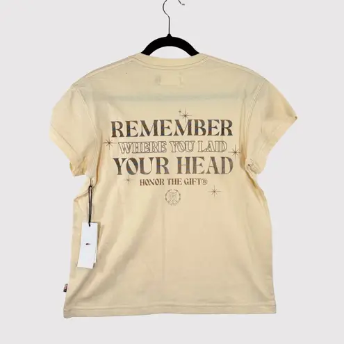 NWT Honor The Gift Women Shirt Beige Crewneck Graphic Short Sleeve Pocket Tee XS Tan