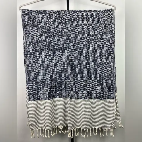 Textured Blue White Striped Rectangular Scarf Beach Throw Blanket Fringe Hem