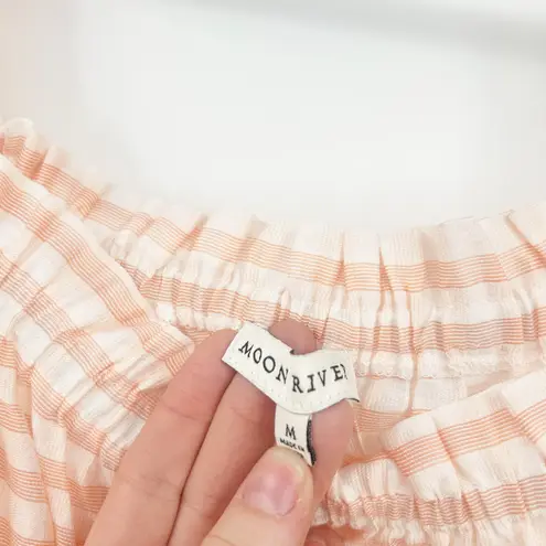 Moon River Moon River Womens Milkmaid Resortwear Poplin Striped Puff Sleeve Midi Dress M