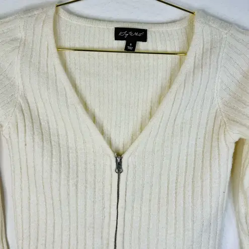 Say What? Say What Women’s Ivory Ribbed Knit Cropped Cardigan Sweater Small Zip-Up V-Neck