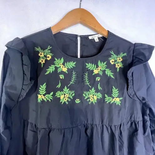 Bleuh Ciel Black Embroidered Ruffle Detail Peplum Long Sleeve Blouse Size Small
