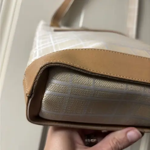 Max Mara Beige Tan Leather Canvas Shoulder Bag Stripe Checkered