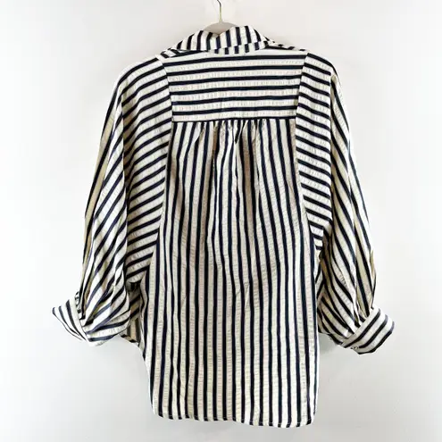 Bishop and Young Aly Striped Long Sleeve Button Front Blouse Cream Navy Blue Small