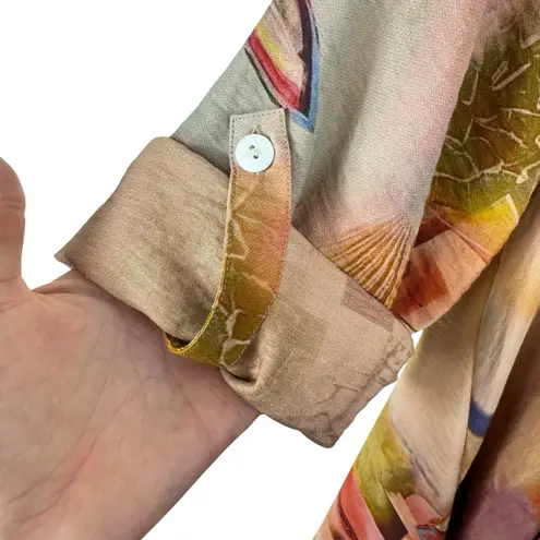 Radzoli Artsy Floral Button Up Collared 3/4 Roll Tab Sleeve Tunic Dress Size S