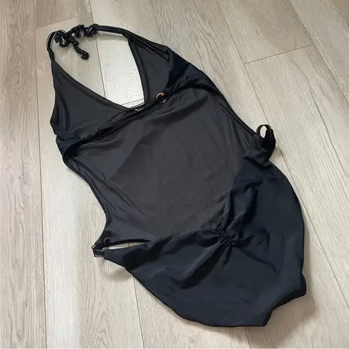 Lezard One Piece Swimsuit halter scrunch backless womens Black (large)