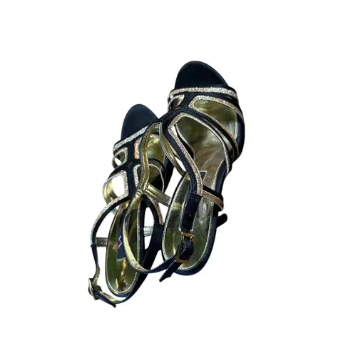 Nina New York Elegant Strappy Evening Sandals Glitter Trim Black & Silver Heel Size 8