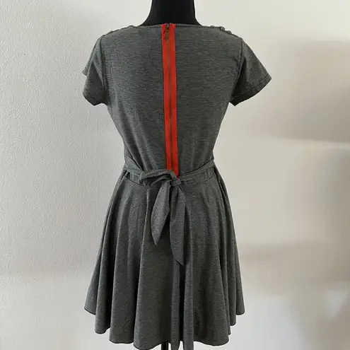 THML short sleeve grey and black thin striped dress with tie and orange zipper