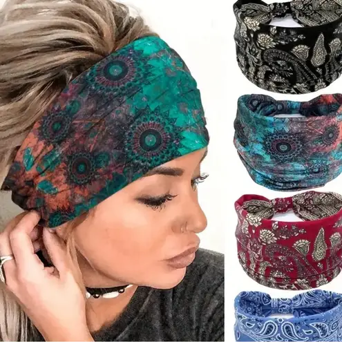 None NWOT Large Bohemian style Wide Head bands set of 4 red blue multicolor thumbnail 3