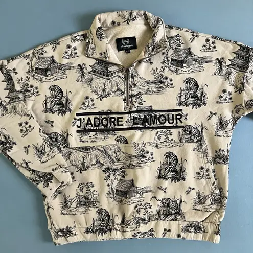 Ellandemm J’Adore L’amour French Toile Half Zip Beige Pullover Sweatshirt Black