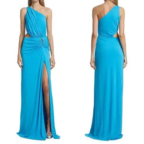 Halston Heritage Halston Ivanna Gathered Asymmetric Cut-Out Gown, Aqua/Blue Size 4 New w/Tag